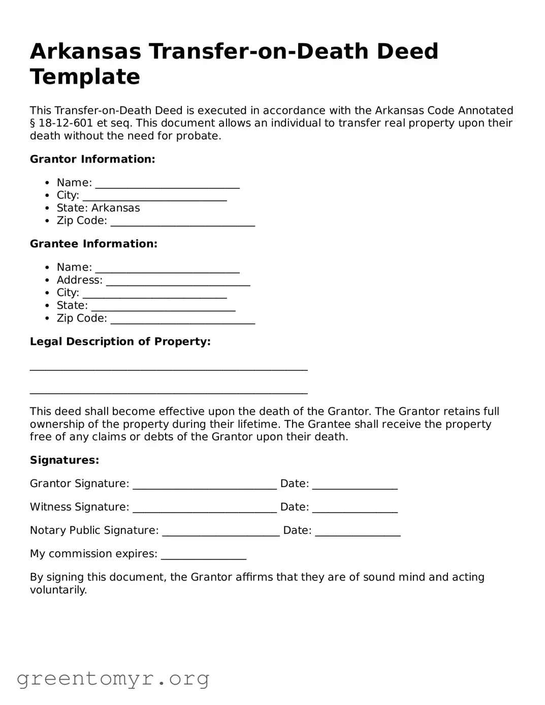 Transfer-on-Death Deed Form for the State of Arkansas