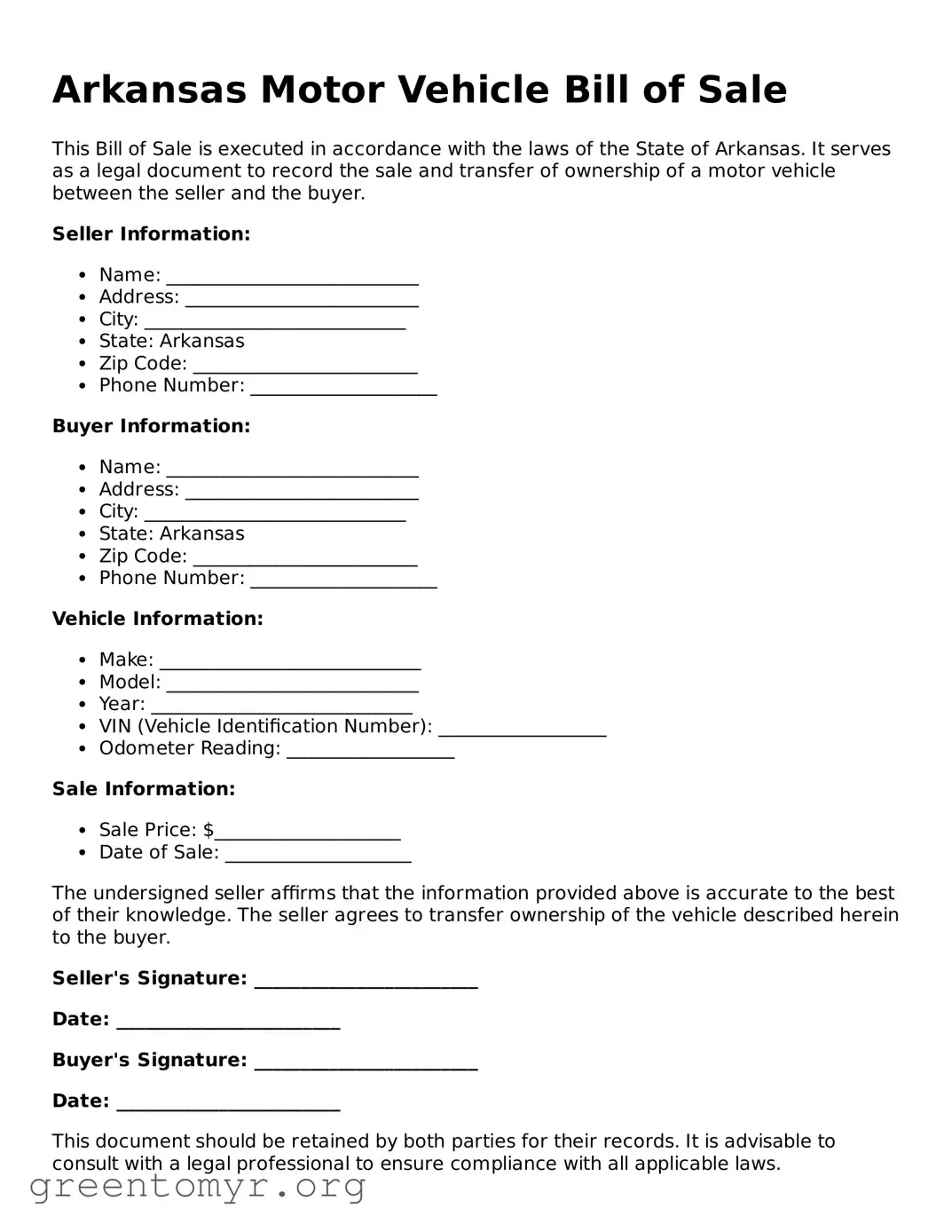Motor Vehicle Bill of Sale Form for the State of Arkansas