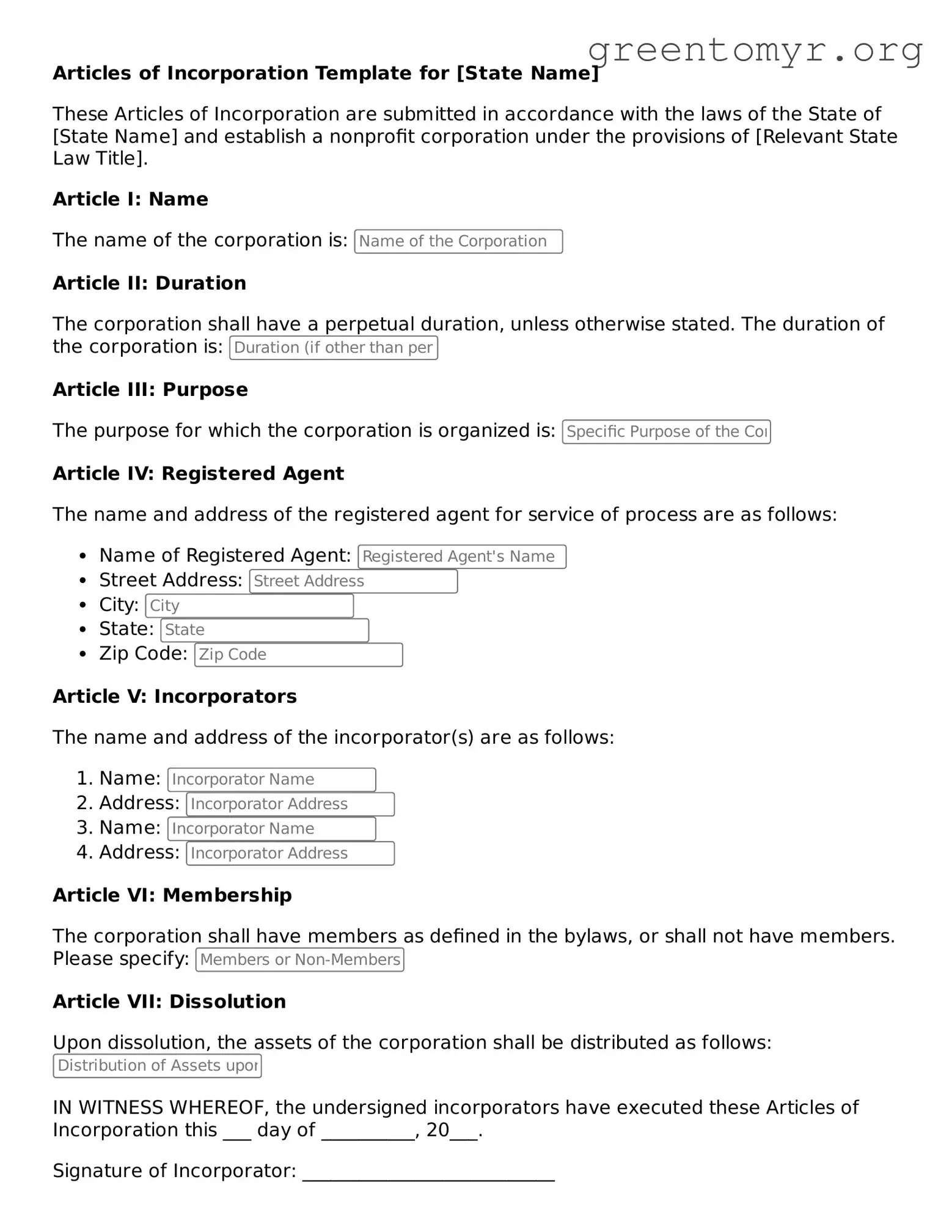 Valid Articles of Incorporation Form