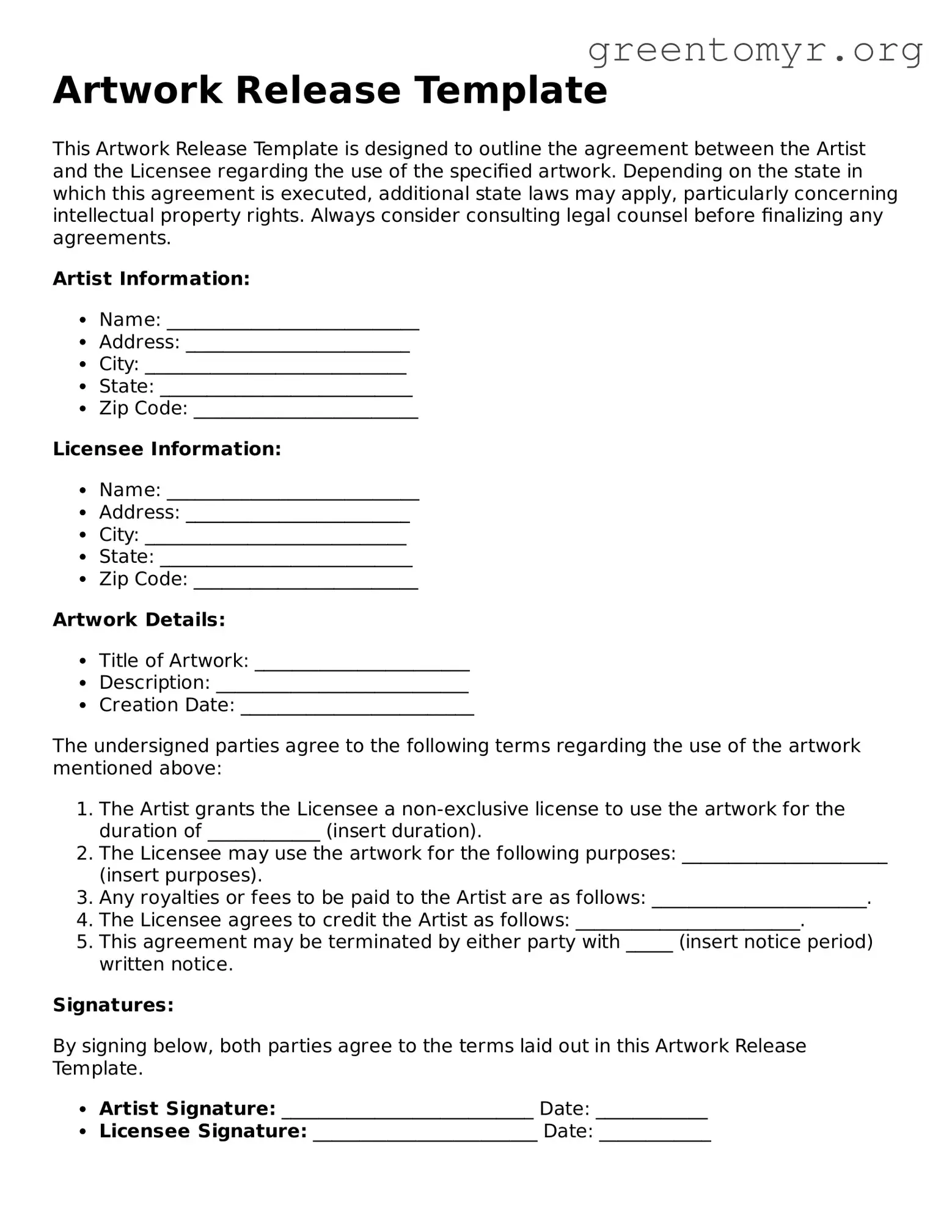 Valid Artwork Release Form