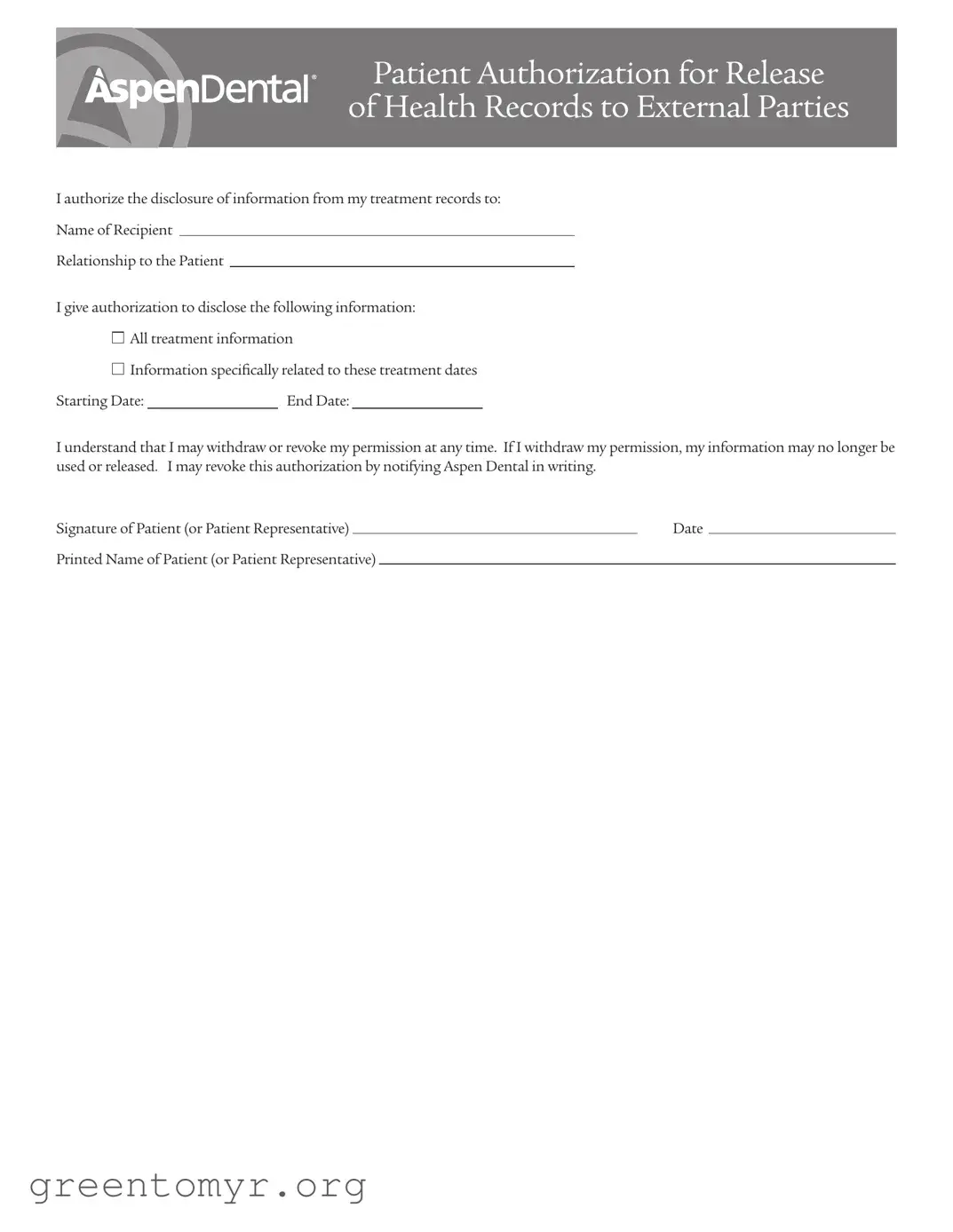 Fill in a Valid Aspen Dental Health Information Release Template