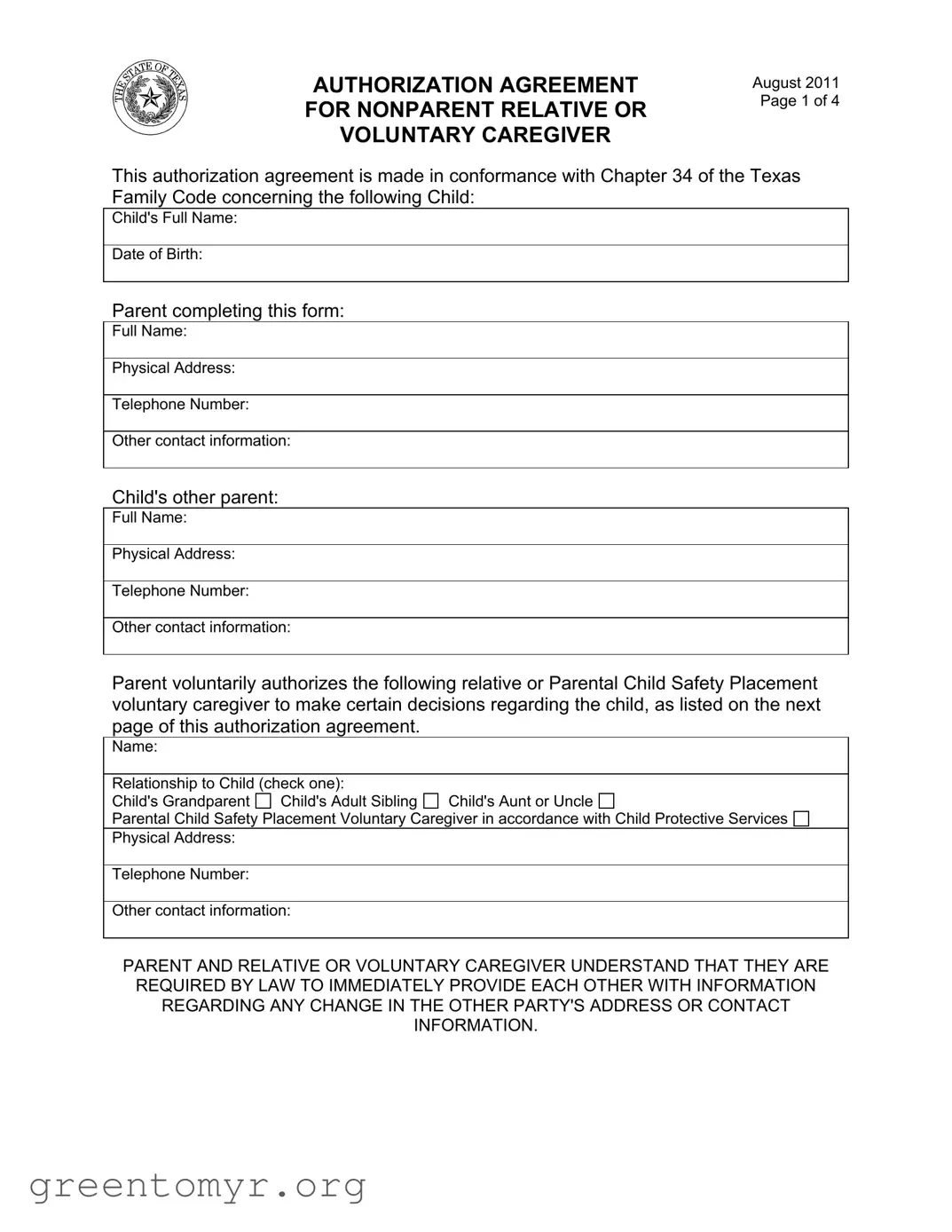 Fill in a Valid Agreement Nonparent Relative Caregiver Template