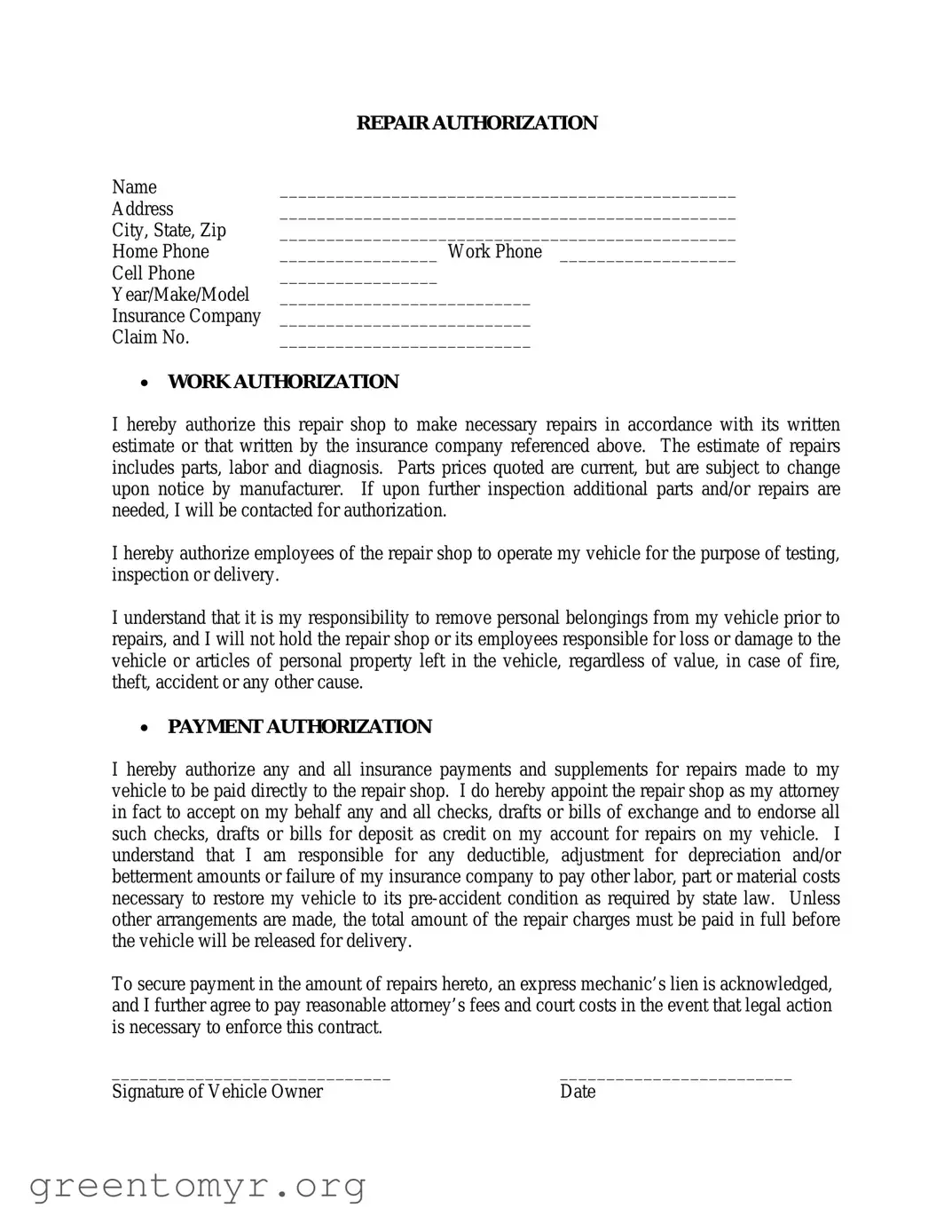 Fill in a Valid Authorization Repair Template