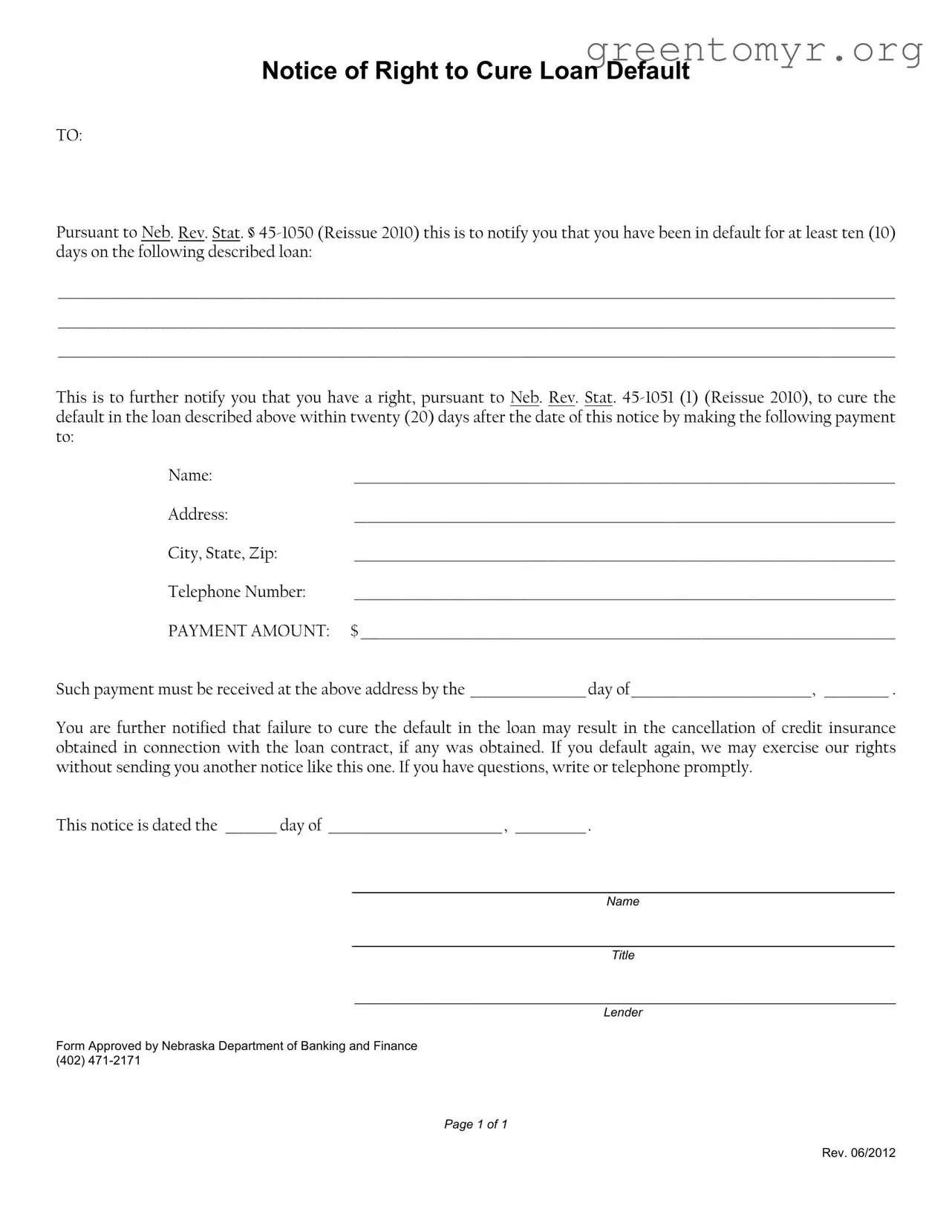 Fill in a Valid Notice Of Right To Cure Auto Loan Letter Template