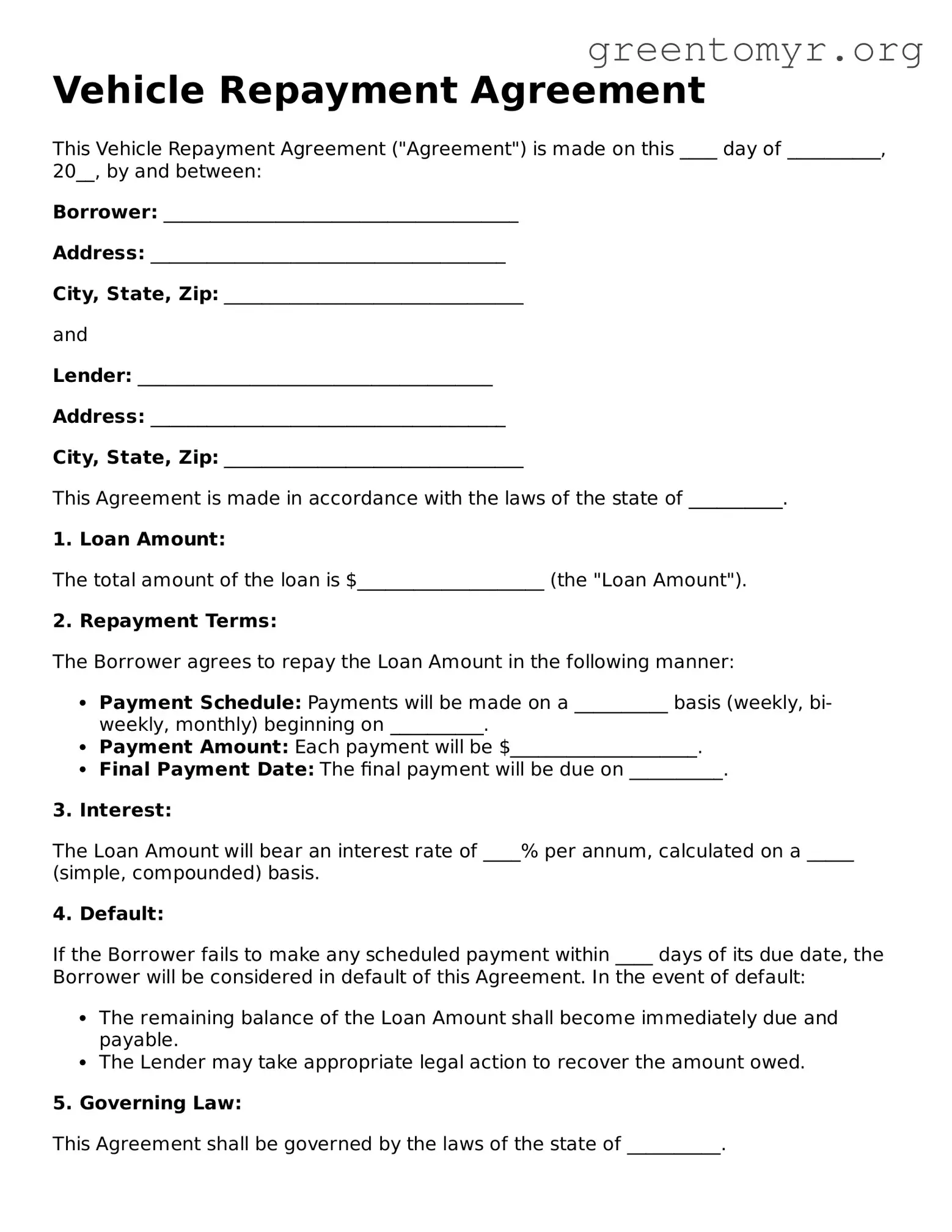 Valid Vehicle Repayment Agreement Form