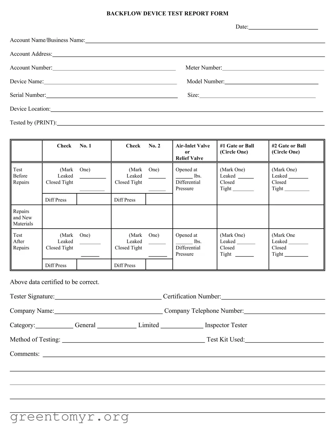 Fill in a Valid Backflow Test Report Template