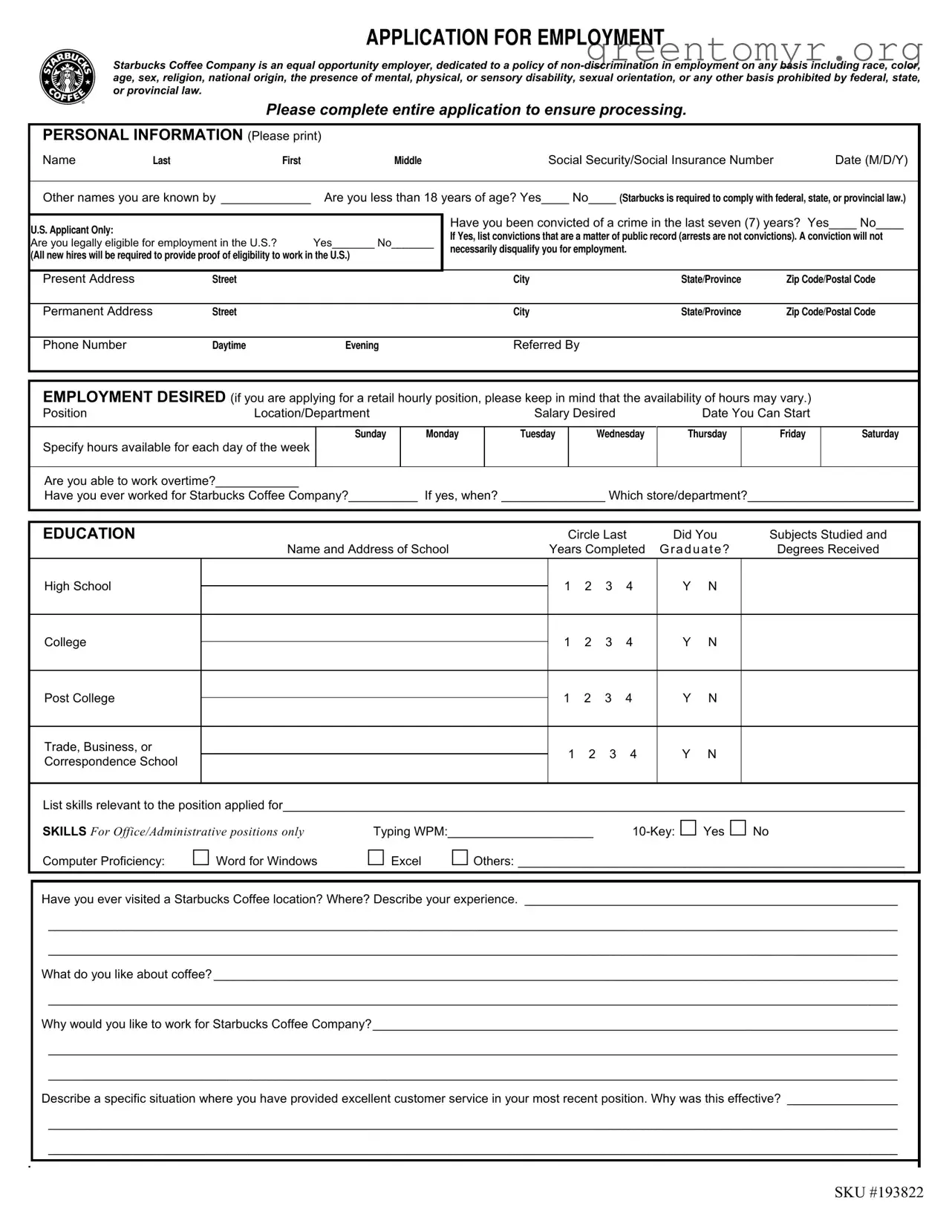 Fill in a Valid Starbucks Application Template