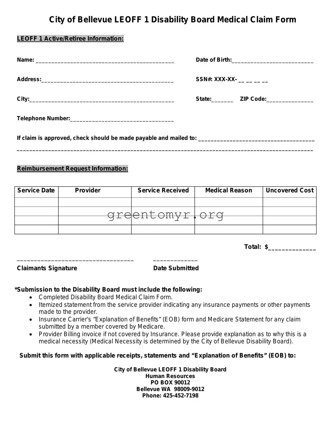 Fill in a Valid Bellevue Medical Claim Template