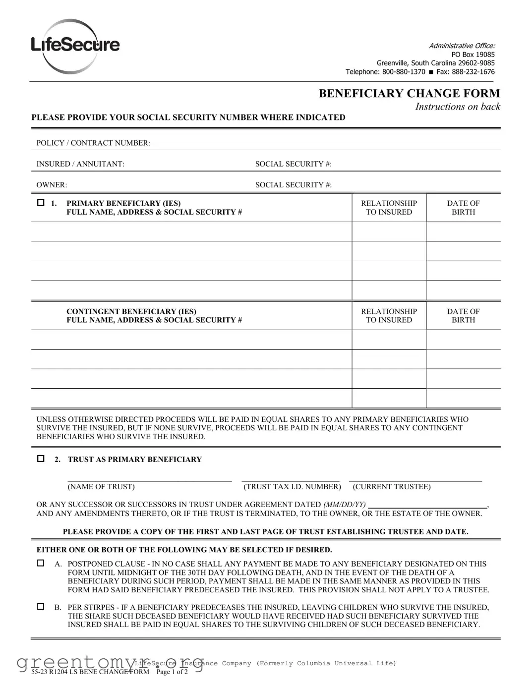 Fill in a Valid Lifesecure Beneficiary Change Template