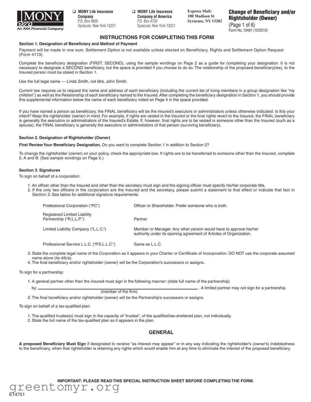 Fill in a Valid Mony Change Beneficiary Template