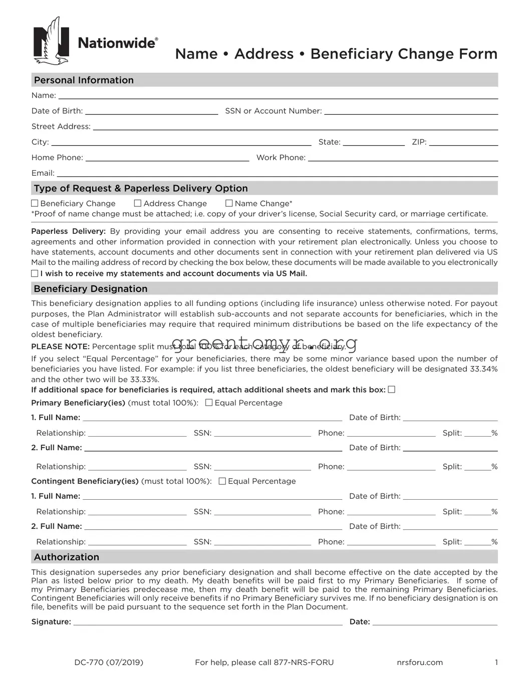 Fill in a Valid Beneficiary Change Template