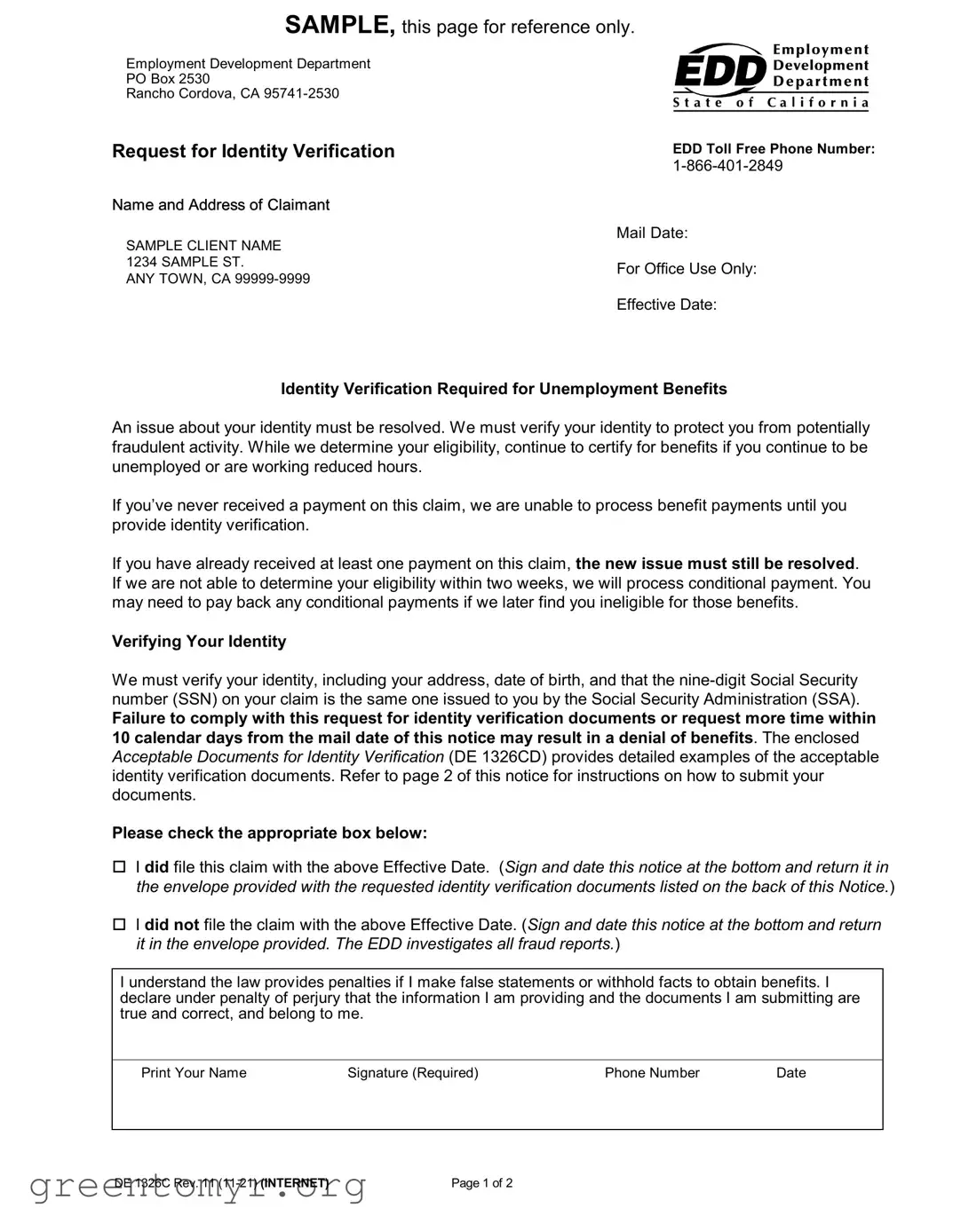 Fill in a Valid Edd Ideninty Verification Template