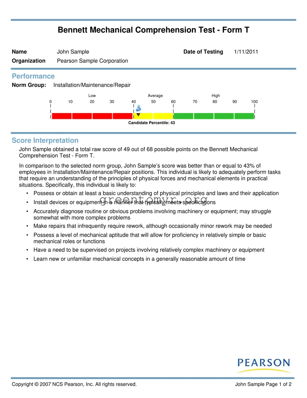 Fill in a Valid Bennett Mechanical Test Template