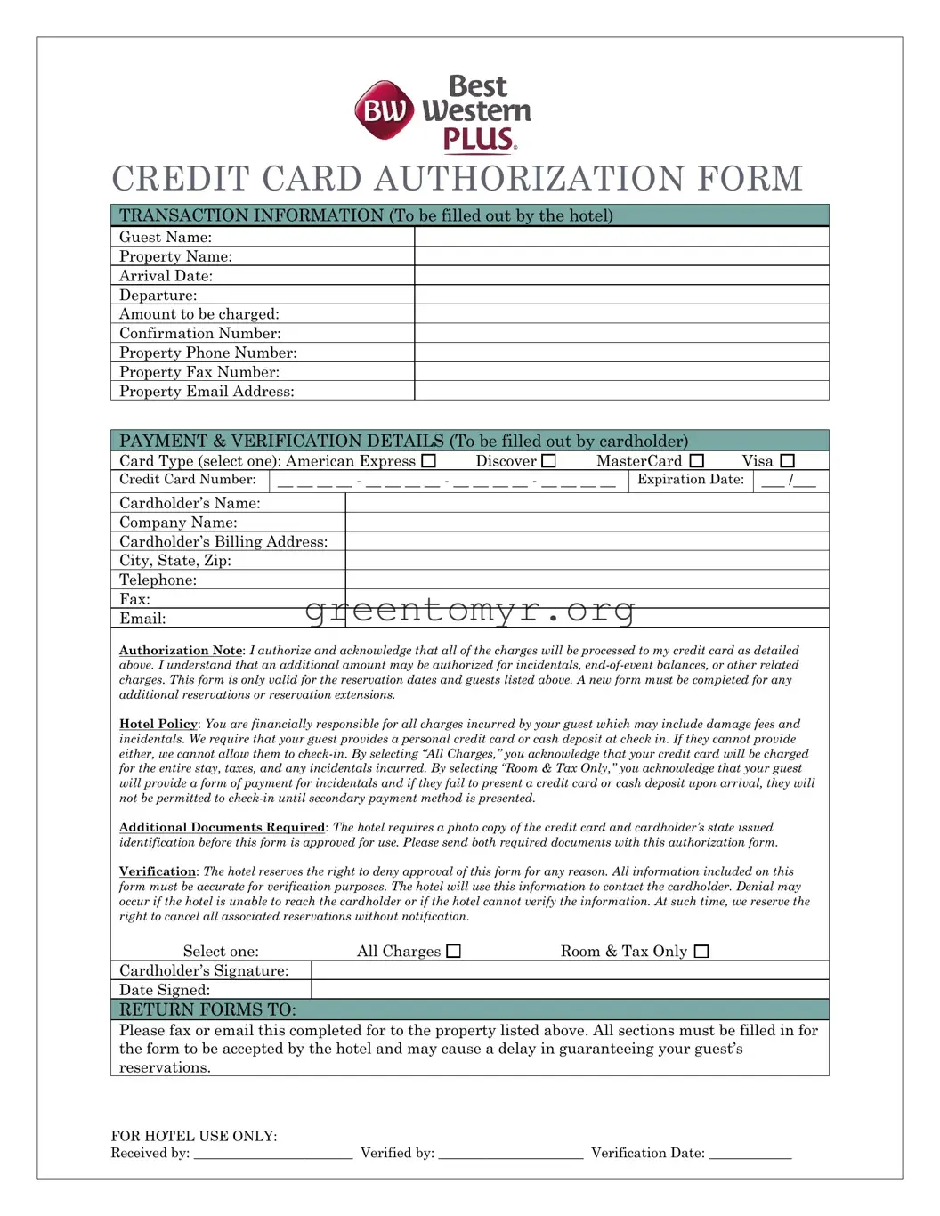 Fill in a Valid Best Western Card Authorization Template