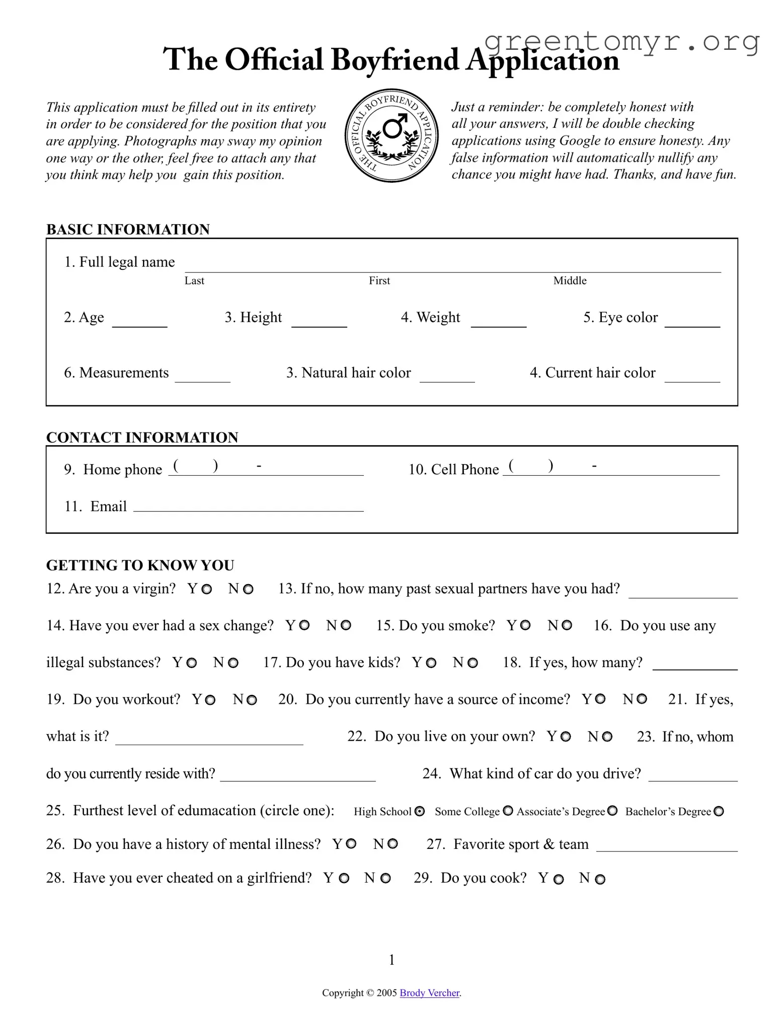 Fill in a Valid Boyfriend application form Template