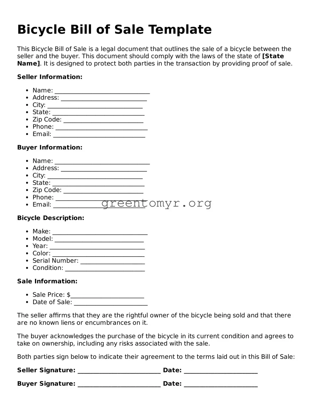 Valid Bicycle Bill of Sale Form