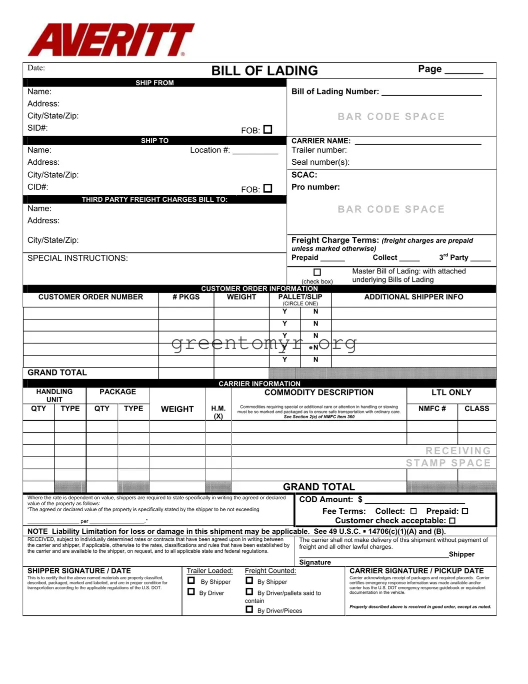 Fill in a Valid Bill Of Lading Averitt Template