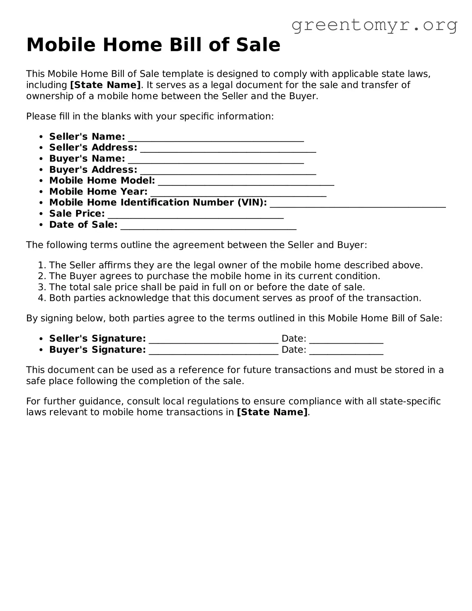 Valid Mobile Home Bill of Sale Form