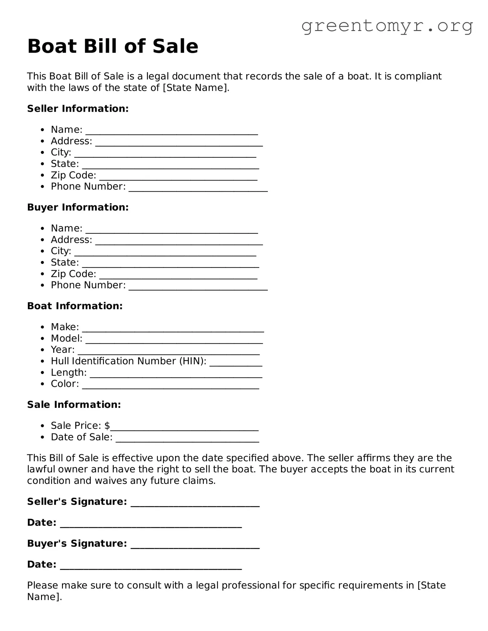 Valid Boat Bill of Sale Form