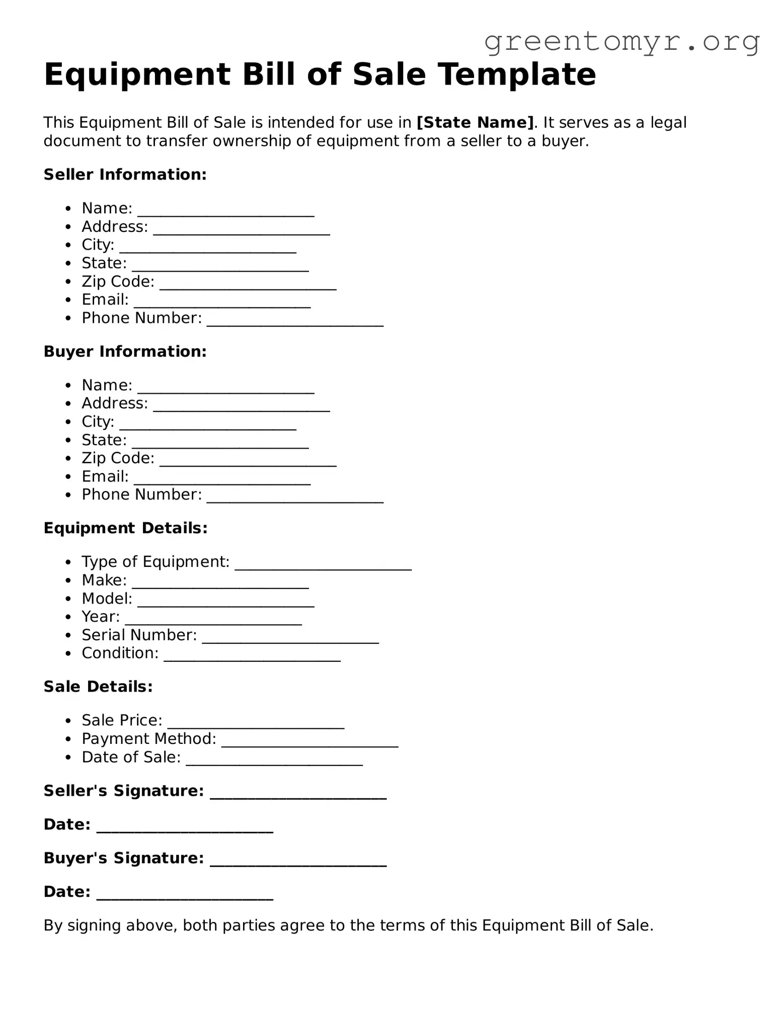 Valid Equipment Bill of Sale Form