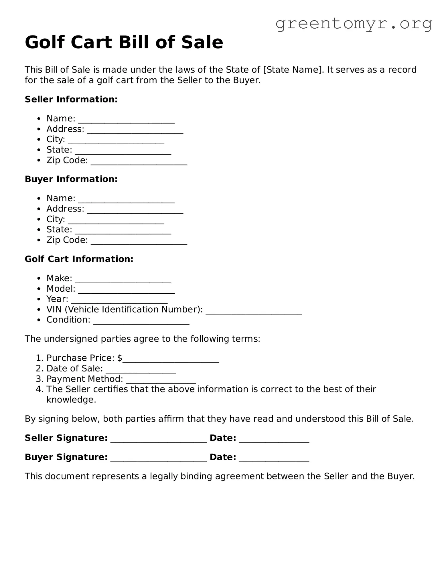 Valid Golf Cart Bill of Sale Form