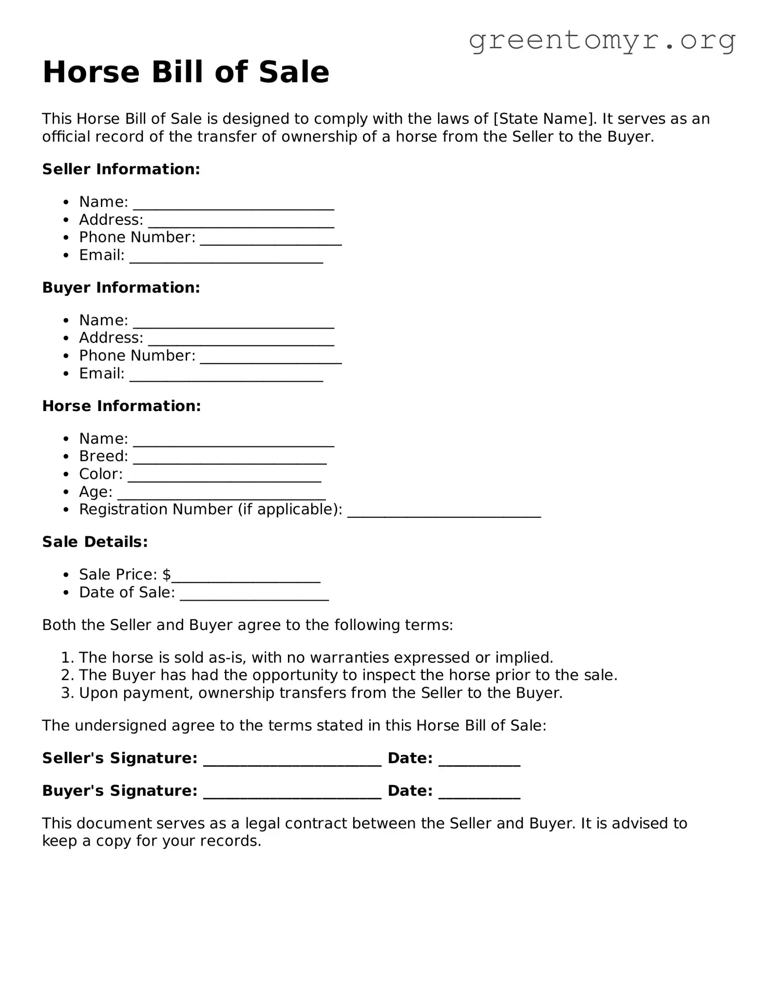 Valid Horse Bill of Sale Form