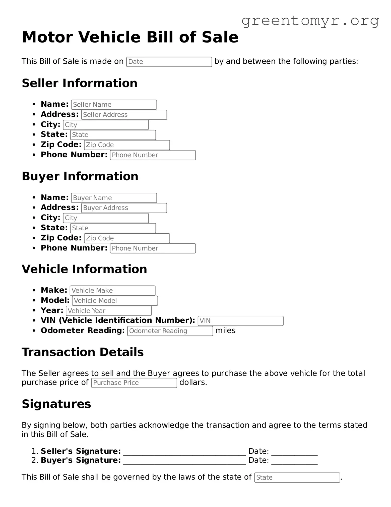 Valid Motor Vehicle Bill of Sale Form