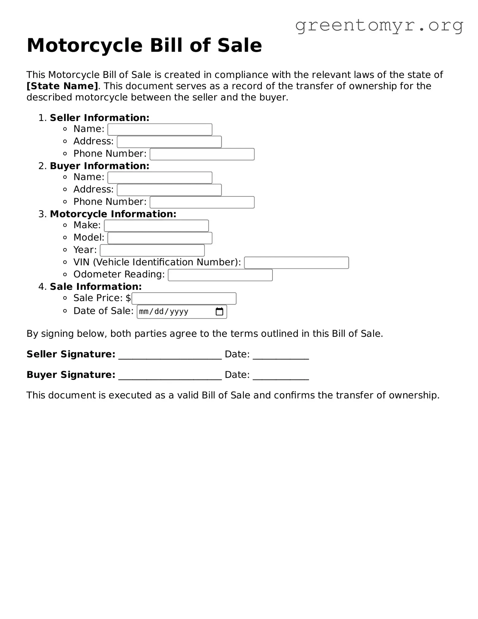 Valid Motorcycle Bill of Sale Form