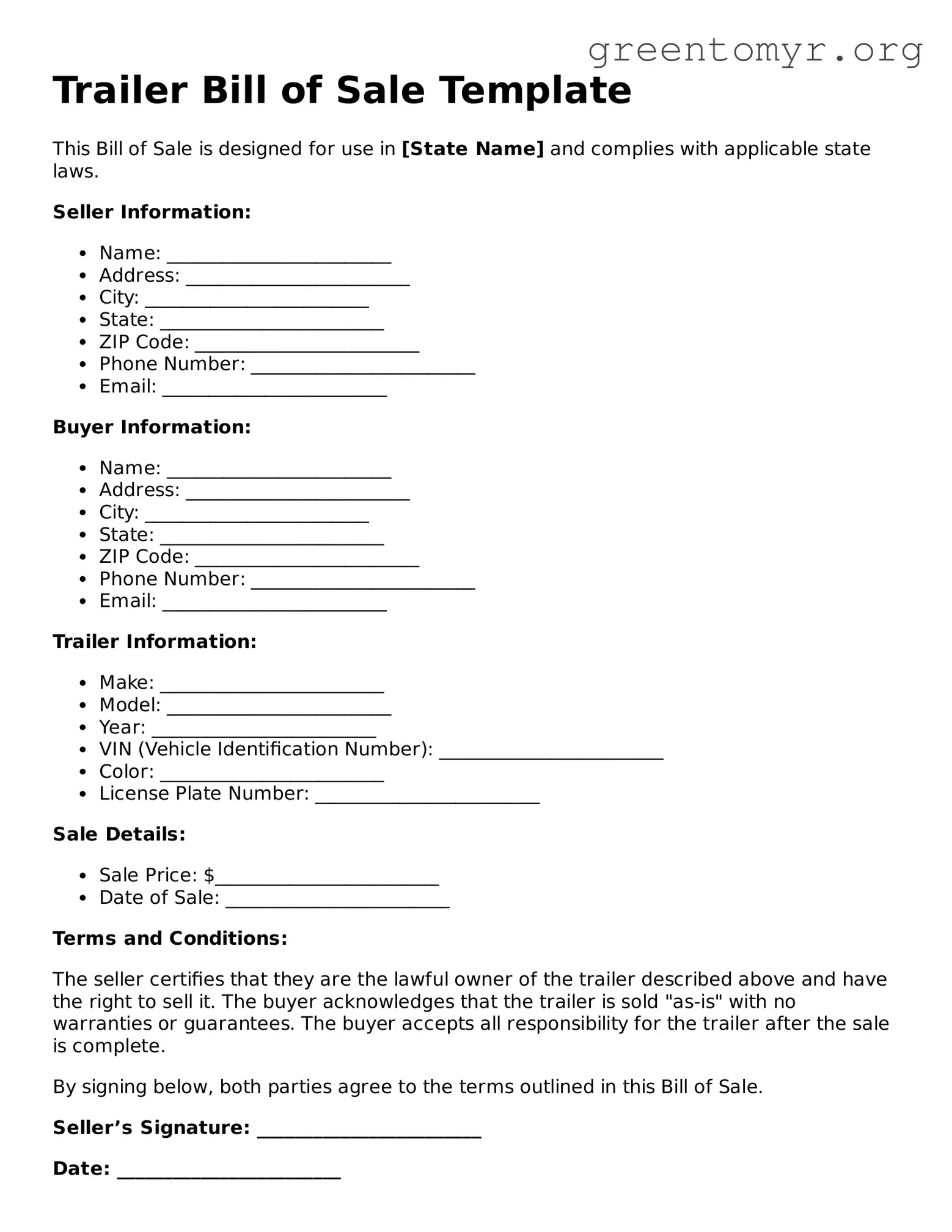 Valid Trailer Bill of Sale Form