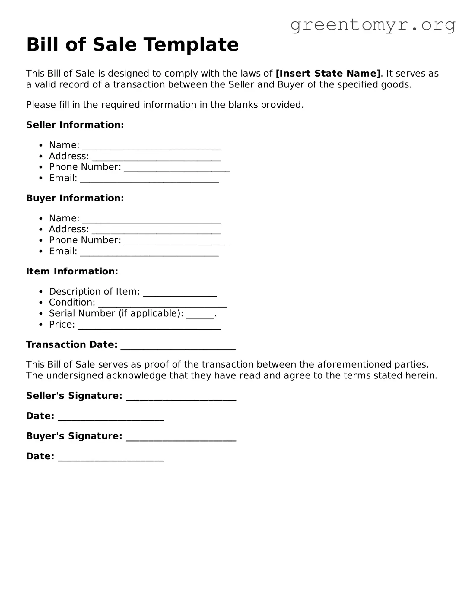 Valid Bill of Sale Form