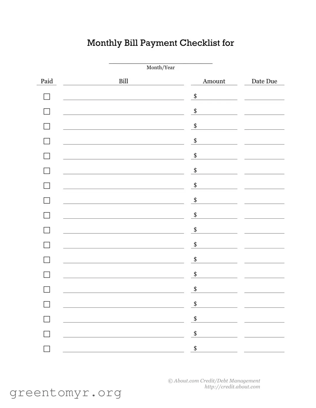 Fill in a Valid Bill Payment Checklist Template