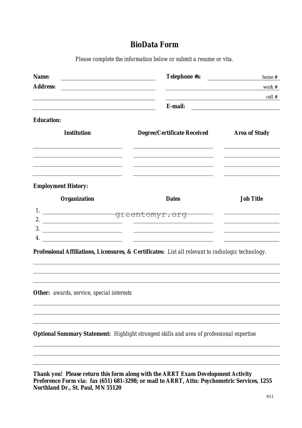 Fill in a Valid Bio Data Template
