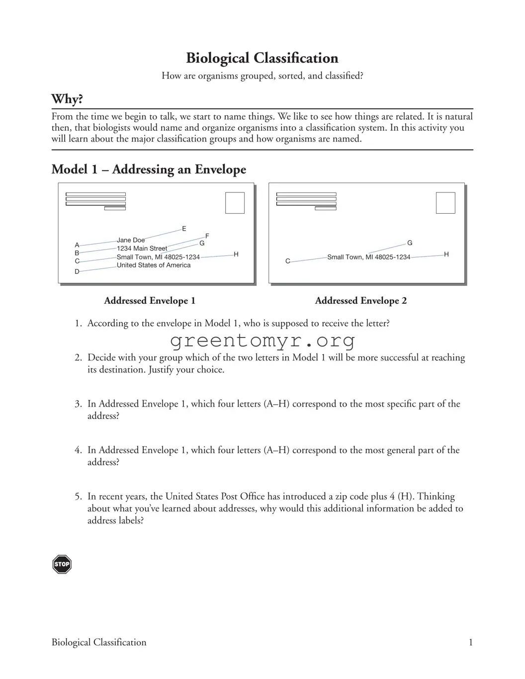 Fill in a Valid Biological Classification Model 1 Template