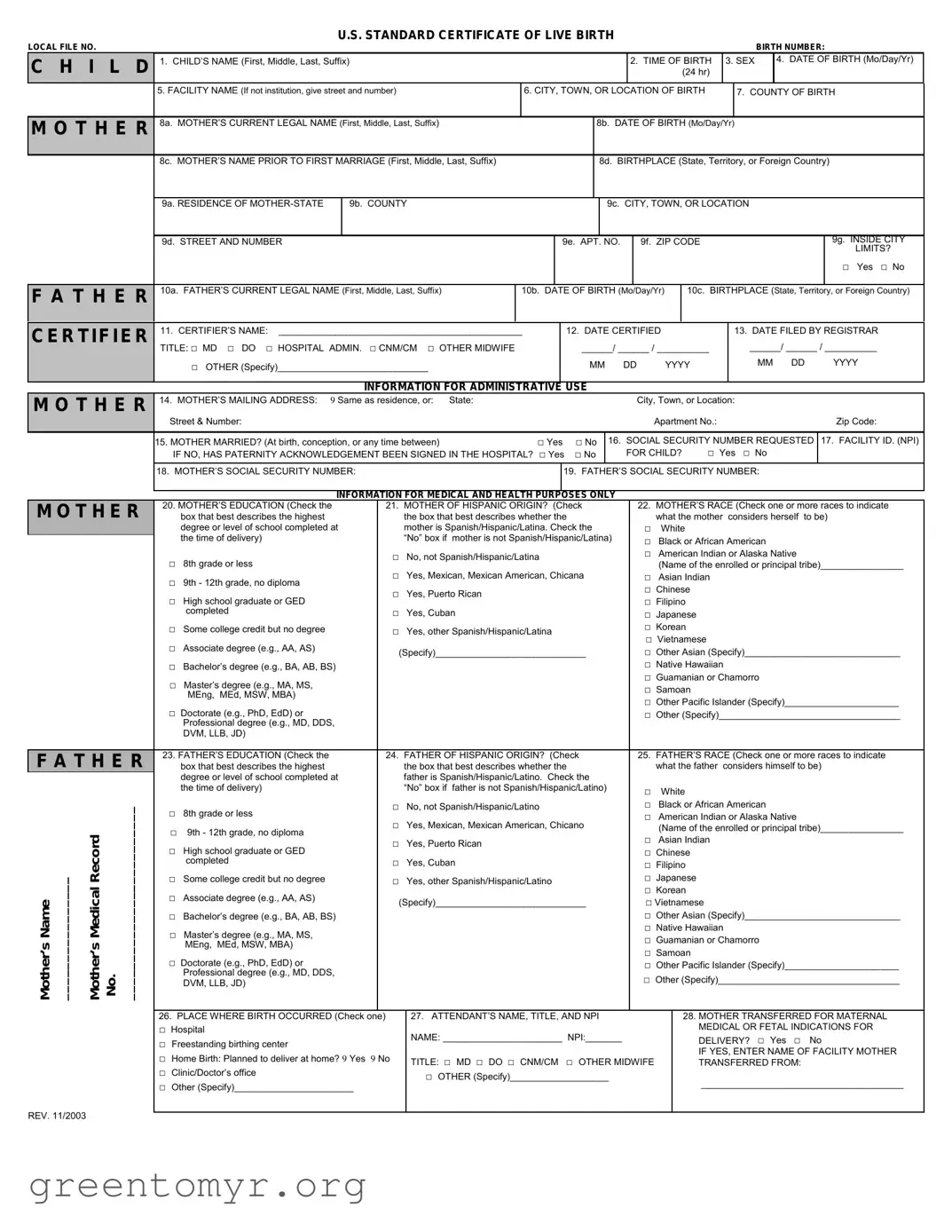 Fill in a Valid CDC U.S. Standard Certificate of Live Birth Template