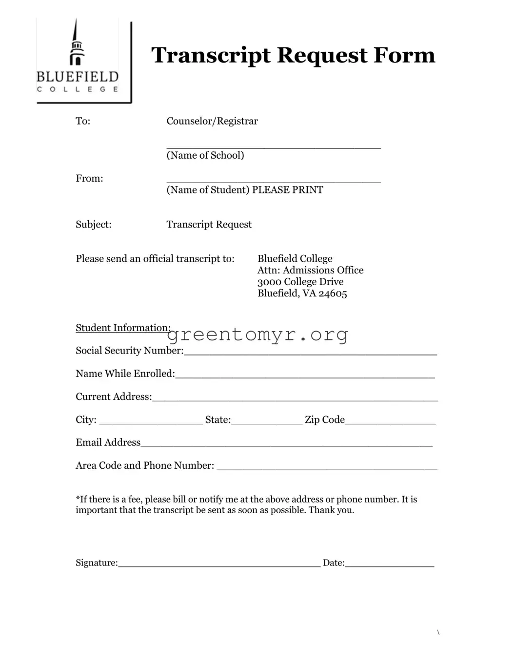 Fill in a Valid Bluefield Transcript Request Template