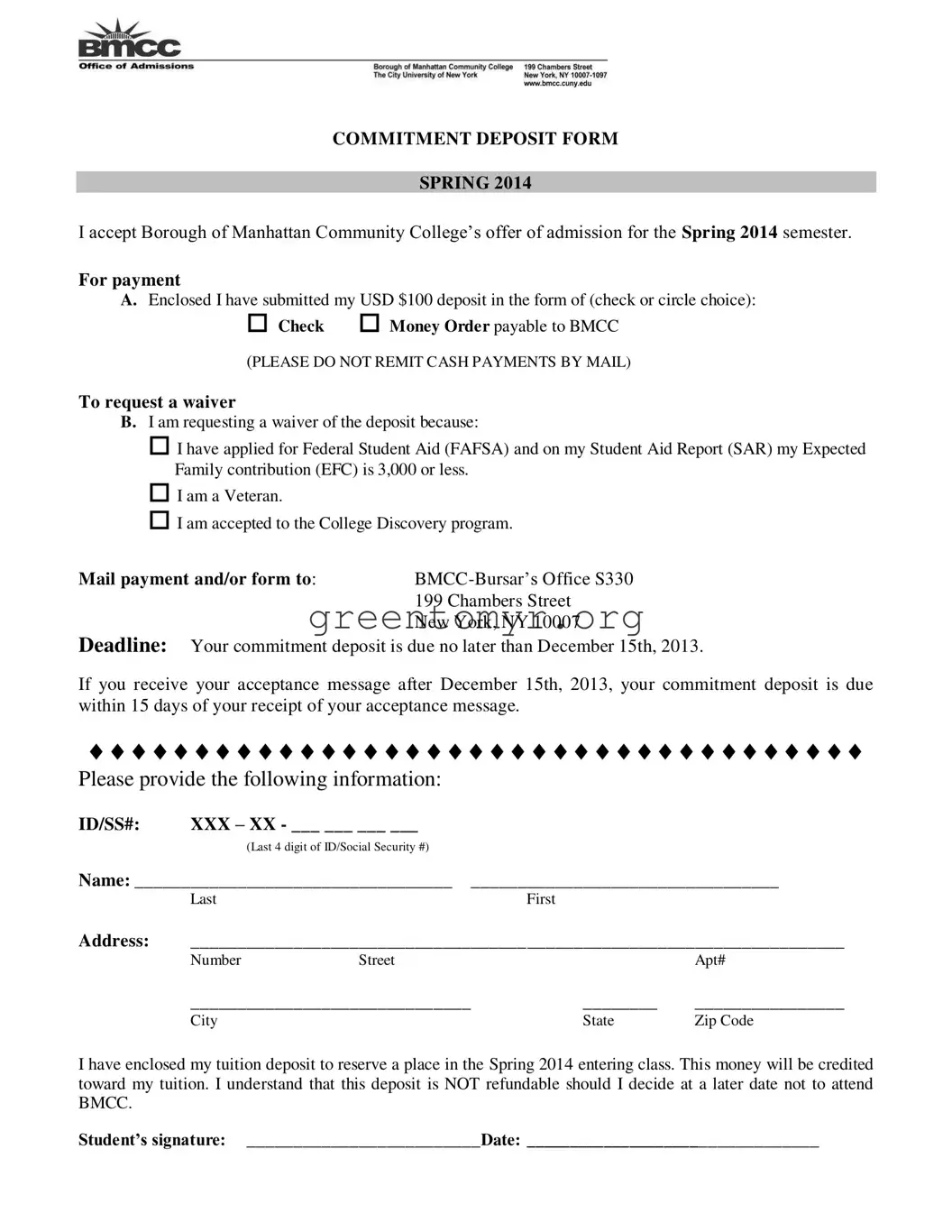 Fill in a Valid Bmcc Commitment Deposit Template