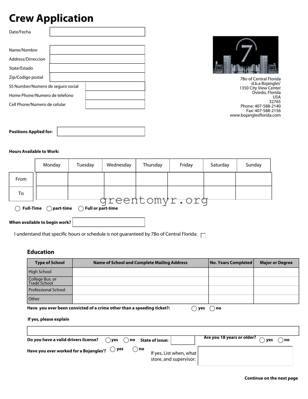 Fill in a Valid Bojangles Application Template