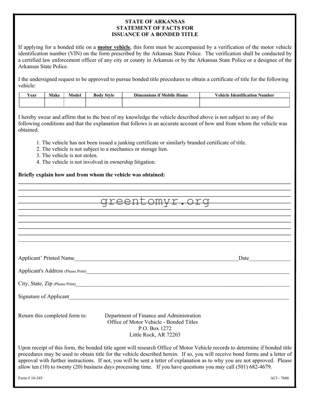Fill in a Valid Bonded Title Arkansas Template
