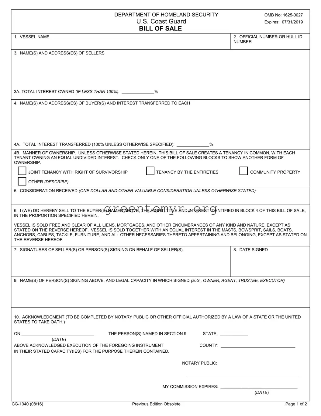 Fill in a Valid BOS CG-1340 Template