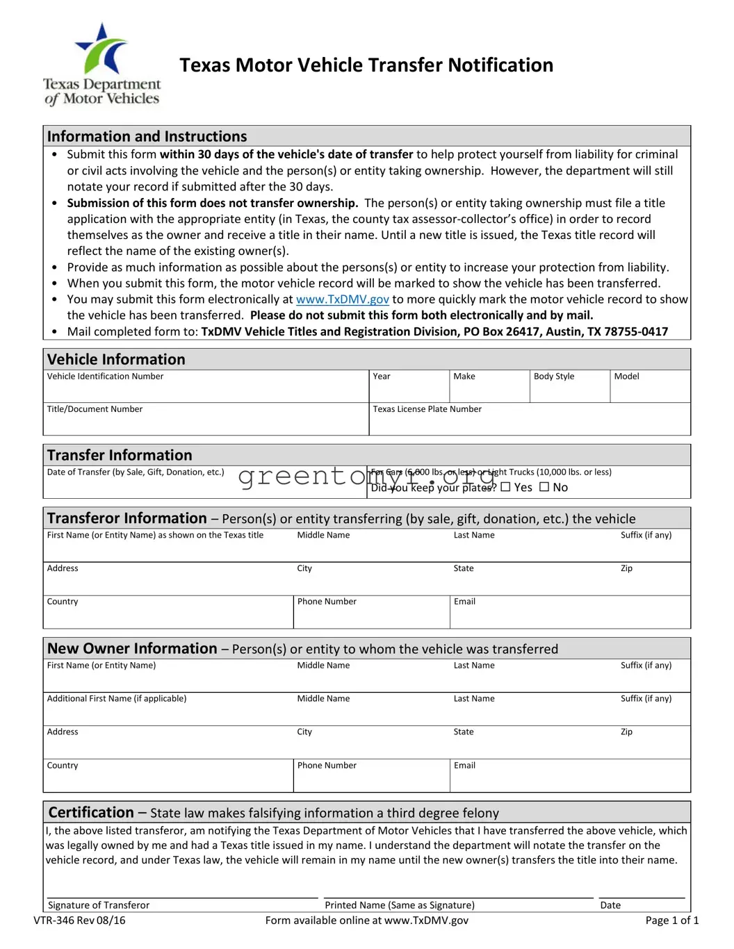 Fill in a Valid BOS VTR-346 Template
