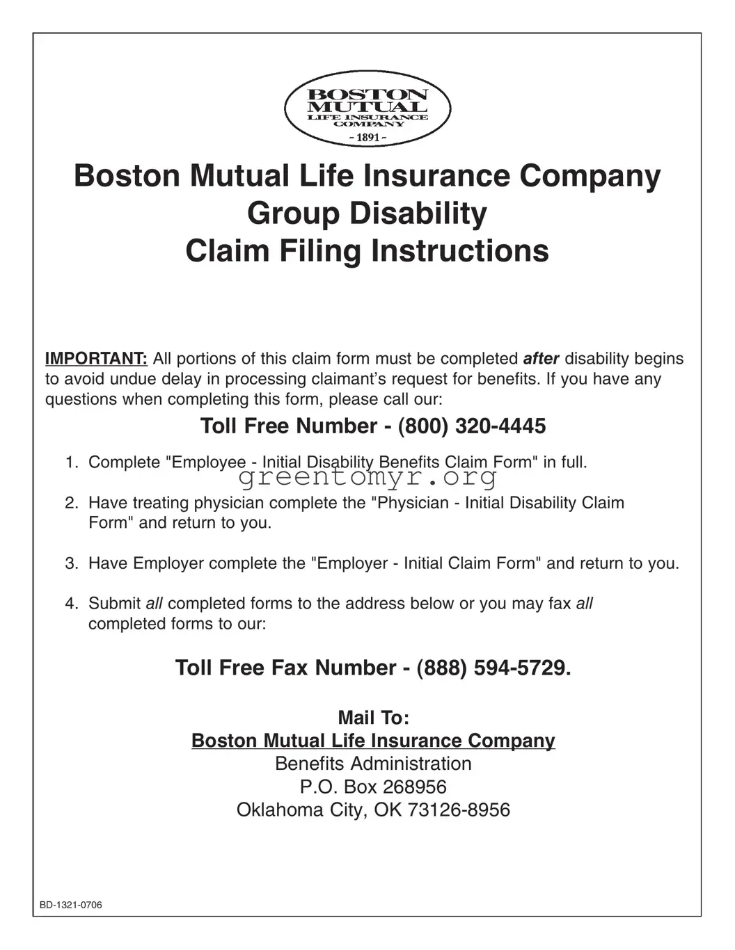 Fill in a Valid Boston Mutual Claim Bd 1321 0706 Template