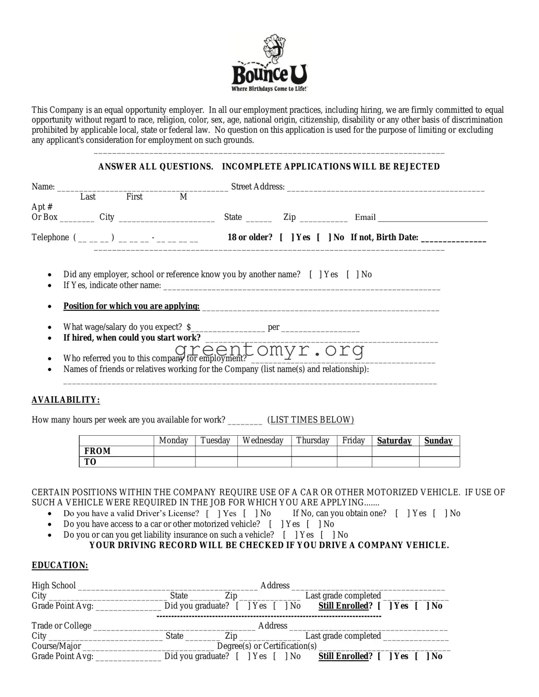 Fill in a Valid Bounceu Application Template