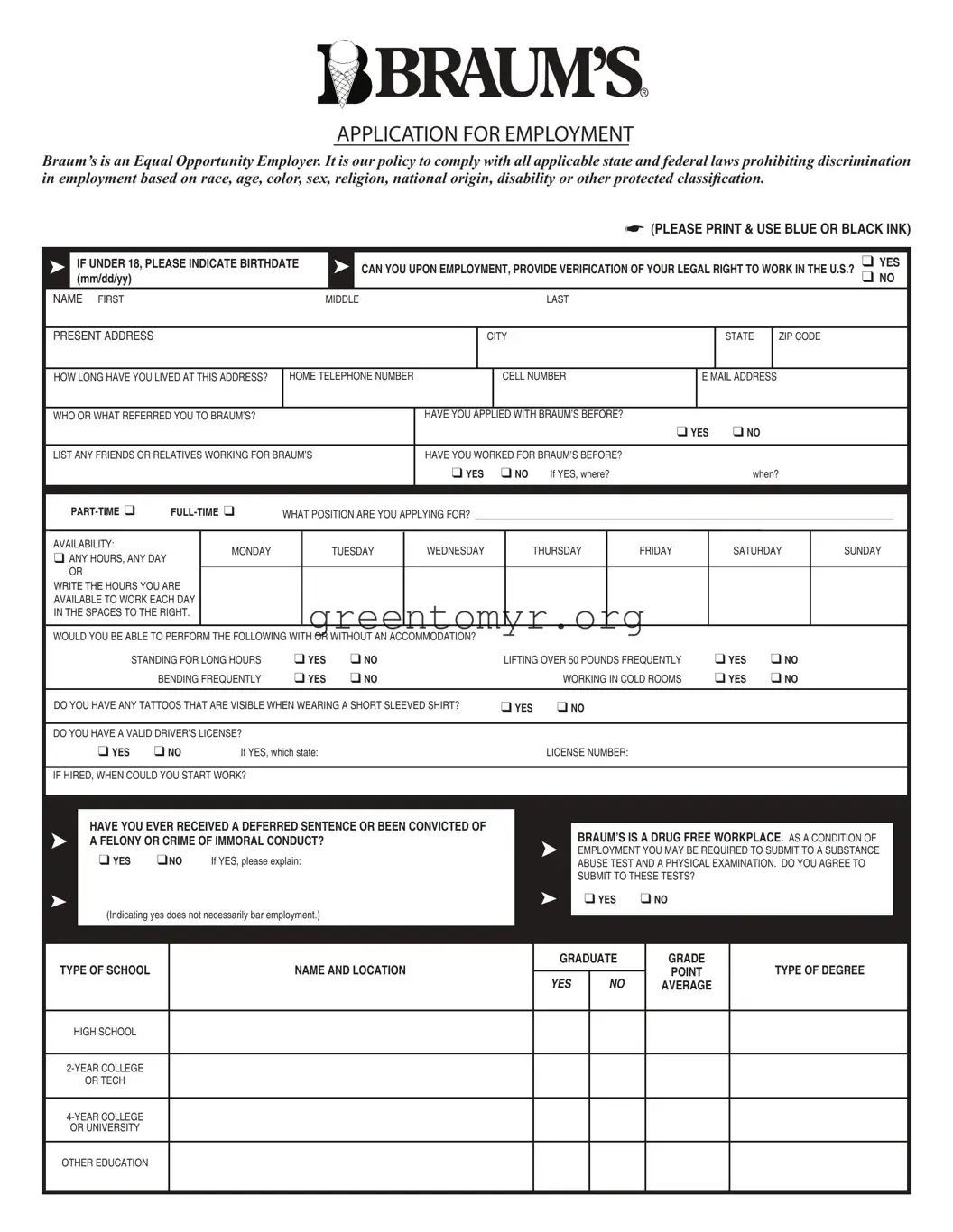 Fill in a Valid Braums Job Application Template