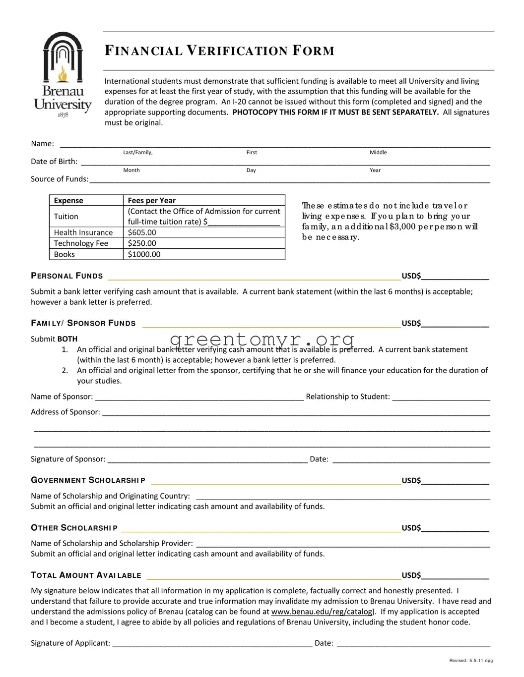 Fill in a Valid Brenau Financial Verification Template