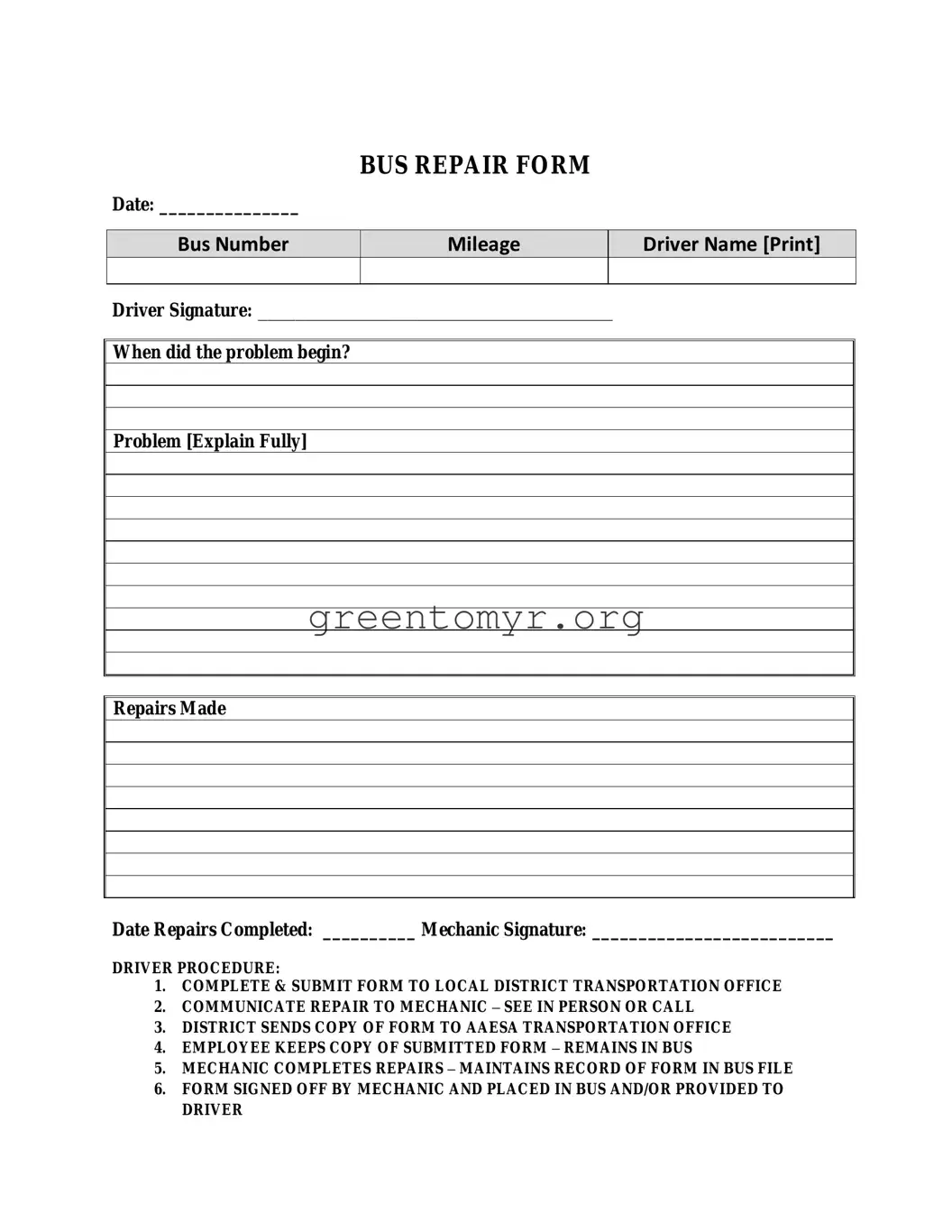 Fill in a Valid Bus Repair Template