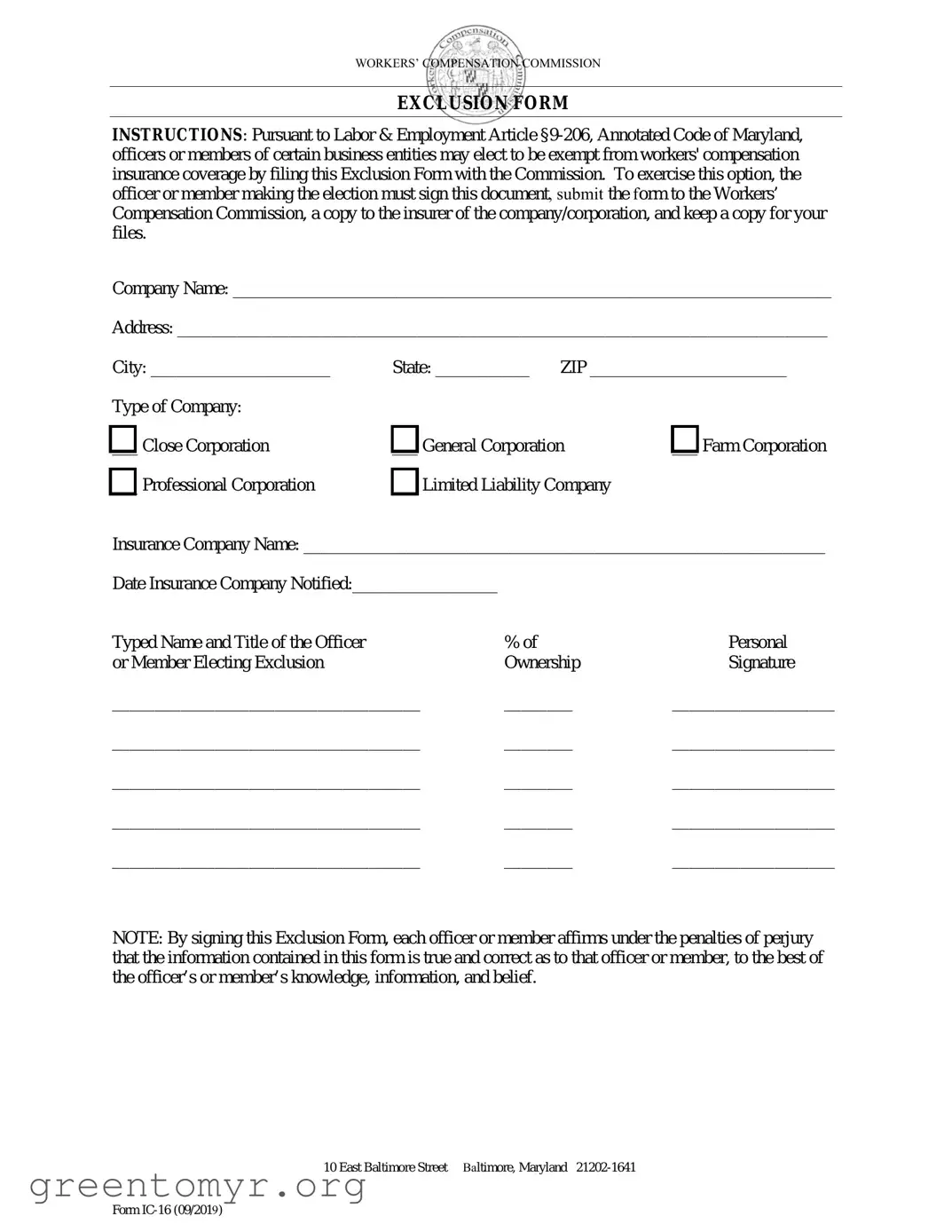 Fill in a Valid Maryland Exclusion Template