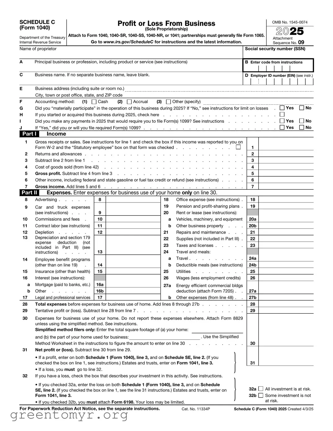 Fill in a Valid IRS Schedule C 1040 Template