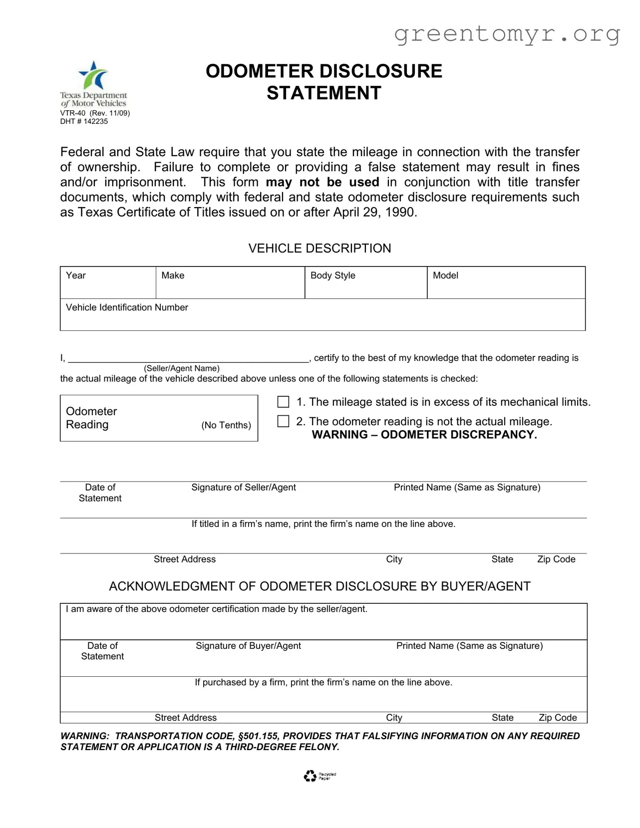 Fill in a Valid Texas Odometer Statement Template