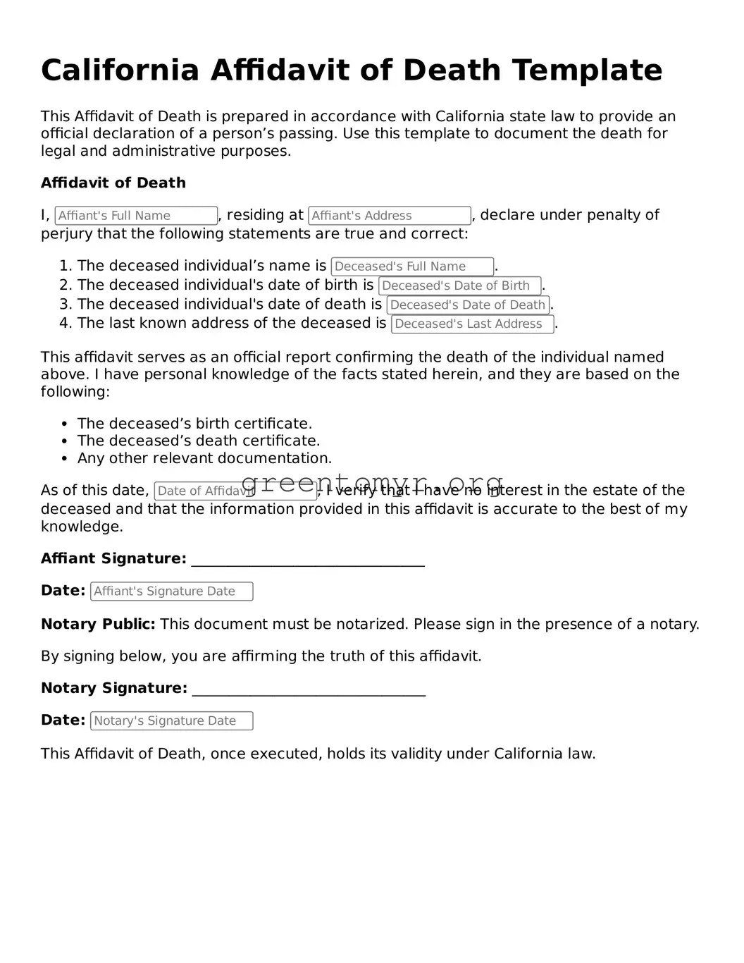 Affidavit of Death Form for the State of California