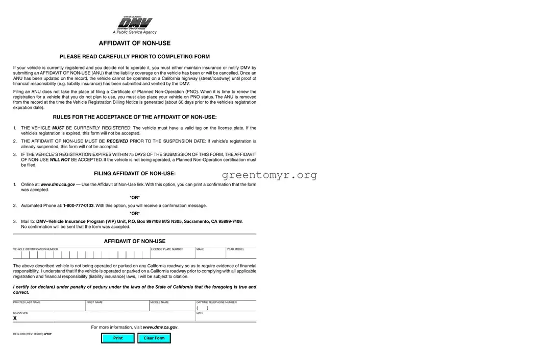 Fill in a Valid California Affidavit of Non-Use REG 5090 Template